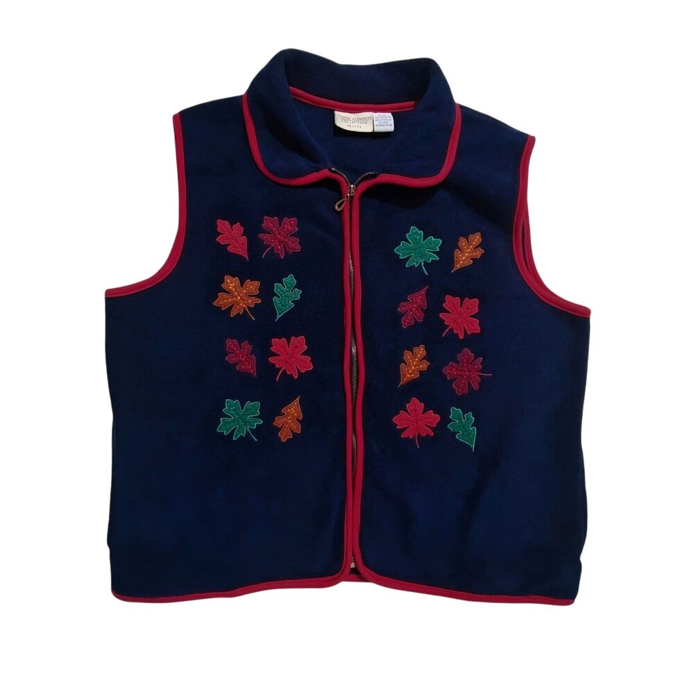 Vintage 90s Fleece Vest Fall Leaves XL Petite Fleece Jacket Navy Blue Applique